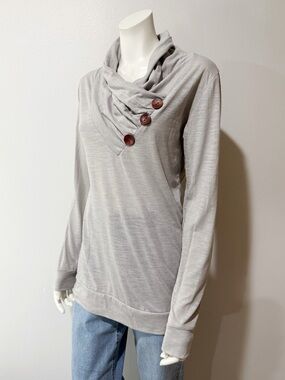 Cotton Cowl Neck Long Sleeve Top Gray